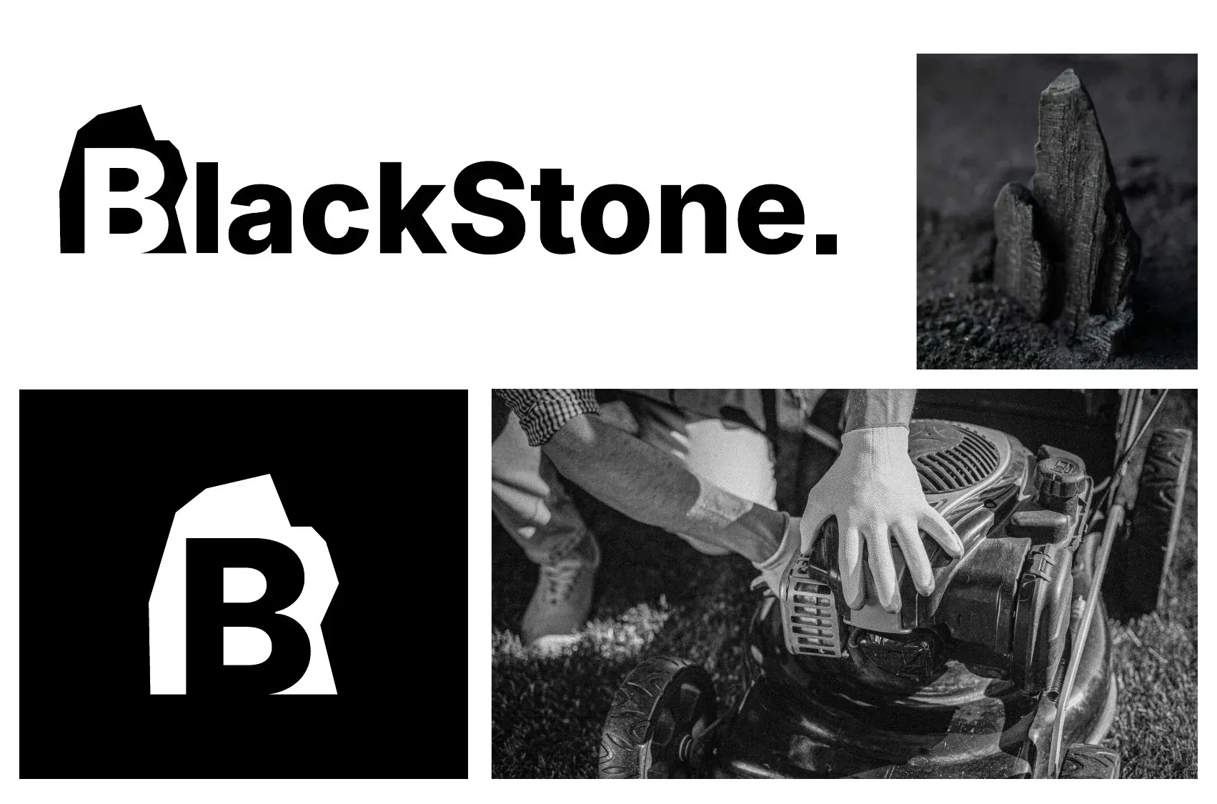 Logo BlackStone con la B dentro una pietra sfaccettata, versione in negativo su nero e foto in bianco e nero di un tosaerba