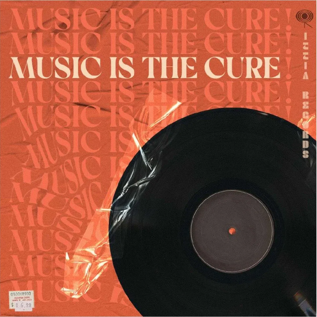Copertina Music is the cure: titolo ripetuto e deformato su fondo arancione con vinile avvolto nella plastica