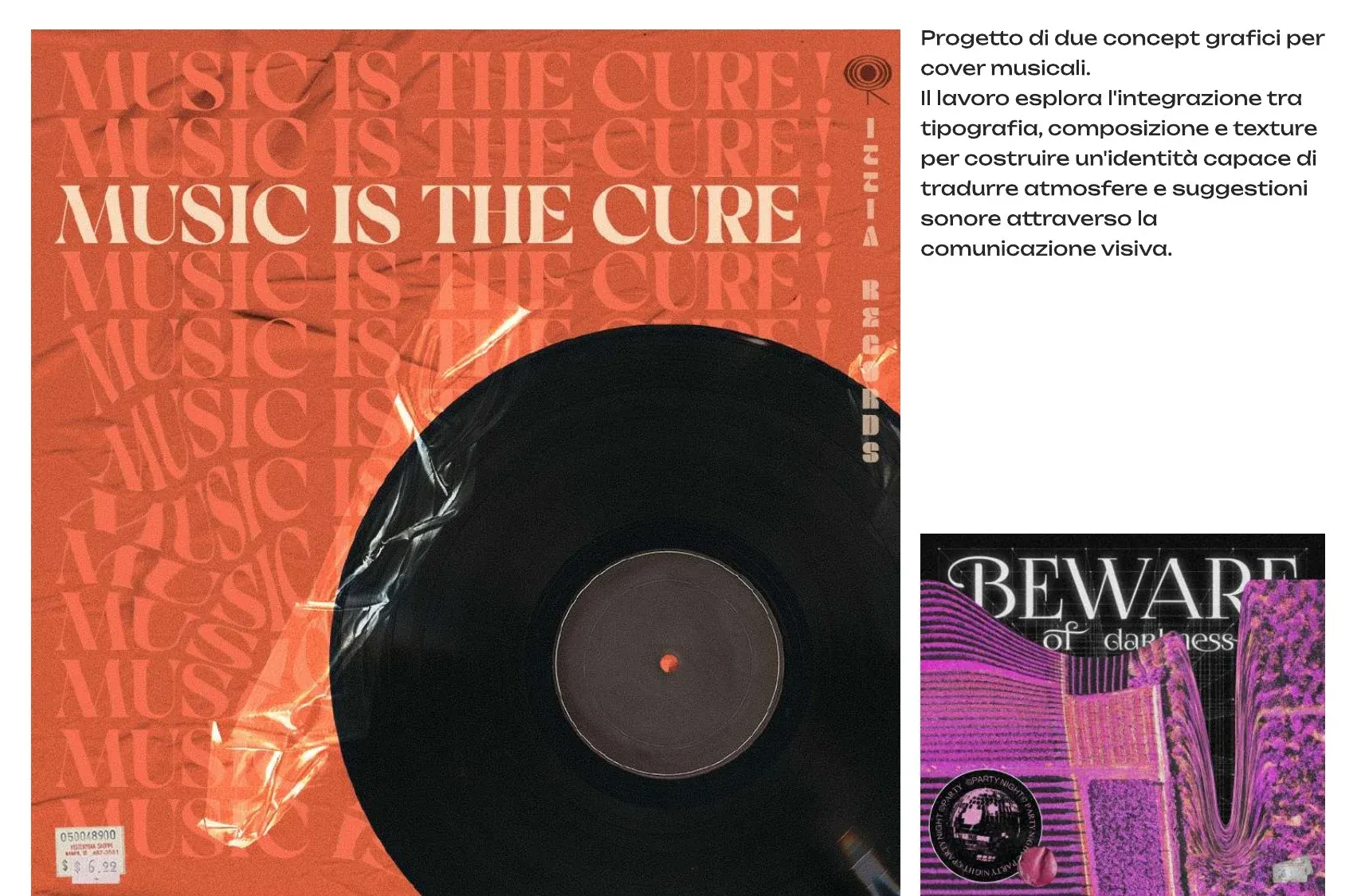 Cover musicale Music is the cure con scritta ripetuta su fondo arancione e vinile in plastica, e cover viola Beware of darkness