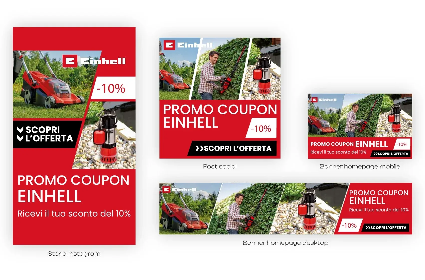 Campagna Einhell Promo Coupon -10% in rosso: storia Instagram, post social, banner mobile e desktop con tosaerba e tagliasiepi