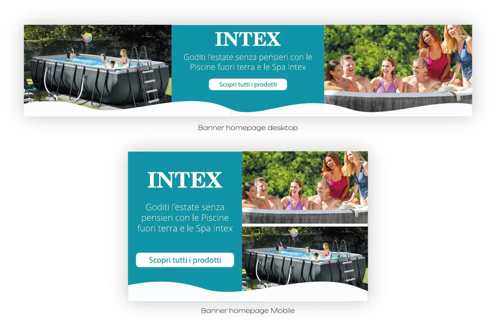 Banner homepage Intex desktop e mobile con piscina fuori terra, persone in spa e blocco centrale color petrolio con onda bianca
