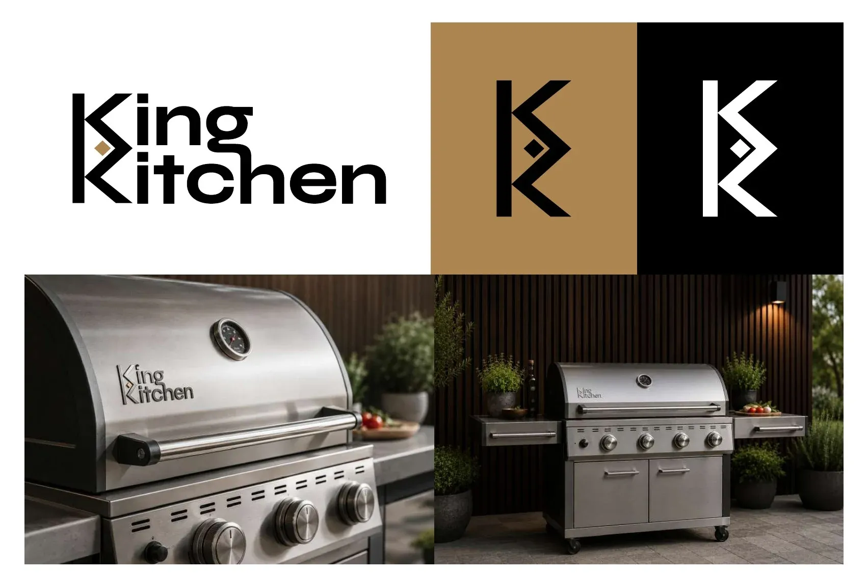 Logo King Kitchen con monogramma K e rombo dorato, versioni su oro e nero, e applicazione su barbecue a gas in acciaio