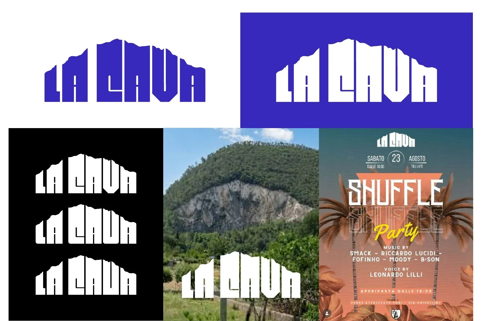 Logo La Cava in blu elettrico con lettere che seguono il profilo della montagna, versioni su nero, sulla foto della cava e locandina Shuffle Party