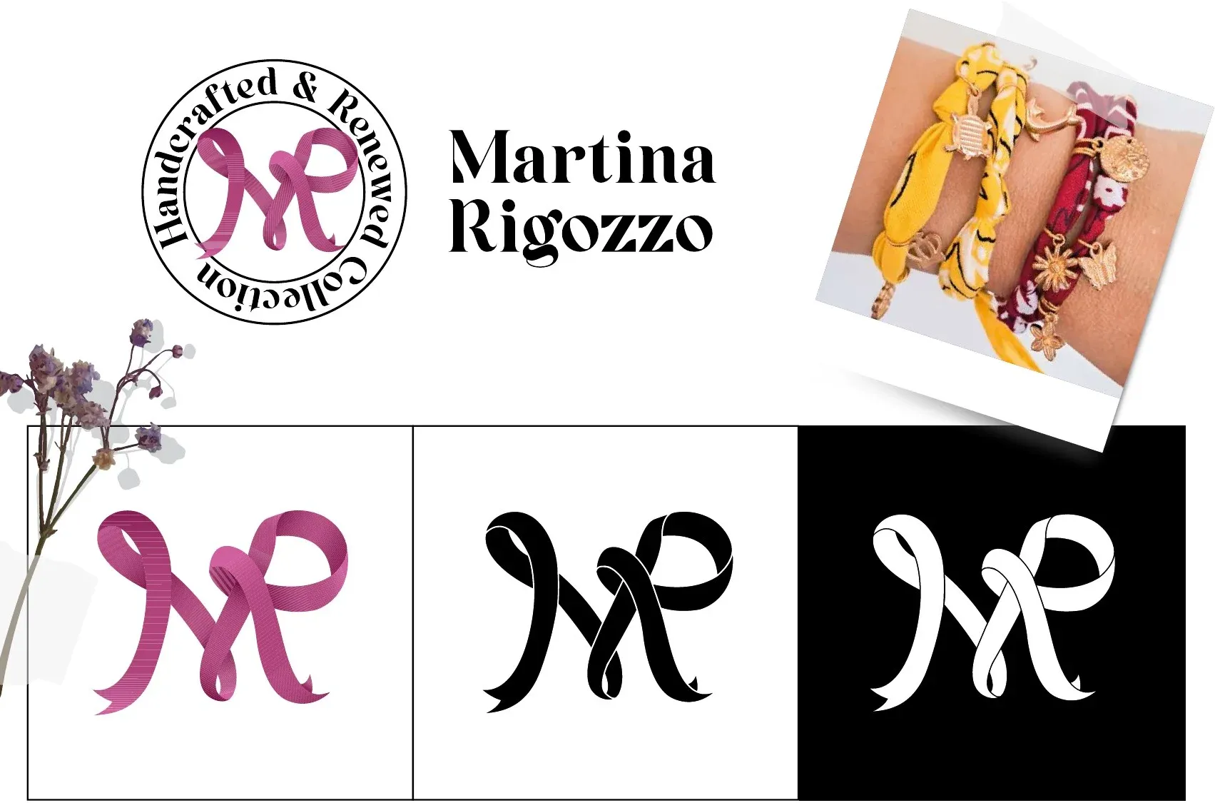 Monogramma MR a forma di nastro rosa per Martina Rigozzo, timbro Handcrafted & Renewed Collection, versioni in nero e negativo e bracciali in tessuto