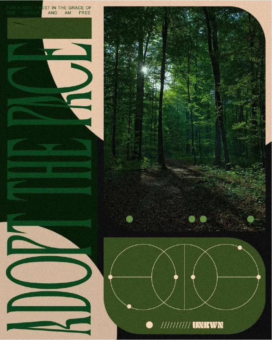 Poster Adopt the Pace verde e crema: foto di un bosco, titolo verticale condensato e cerchi geometrici