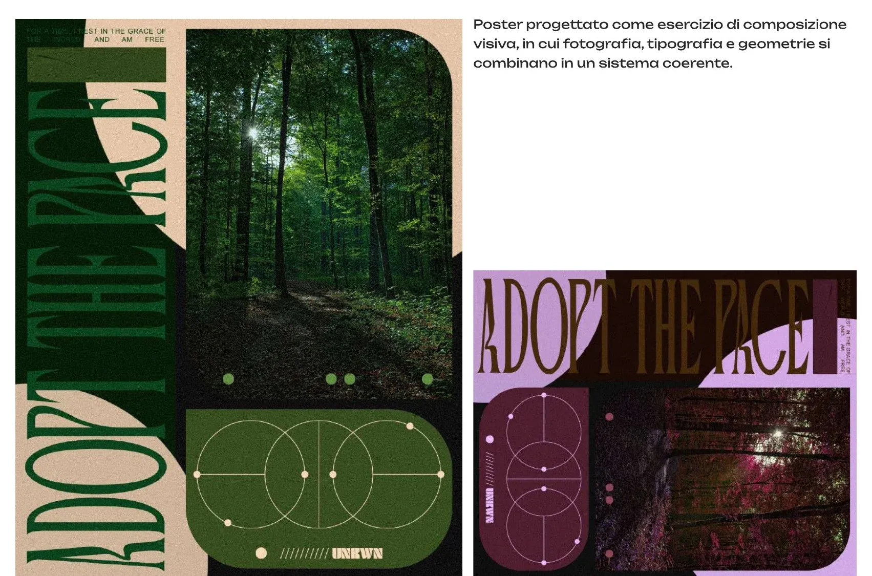 Poster Adopt the Pace in verde e crema con foto di un bosco, titolo verticale e cerchi geometrici, e variante viola