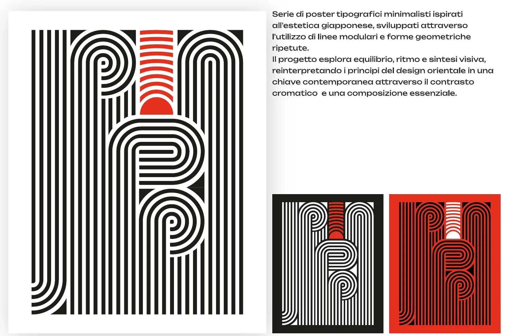 Poster tipografici minimalisti ispirati al Giappone: linee nere modulari su bianco con sole rosso, e varianti su fondo nero e rosso