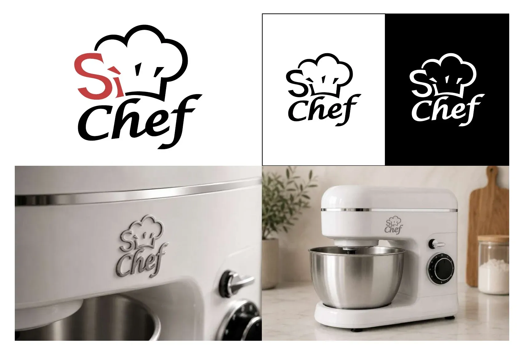 Logo Sì Chef con cappello da cuoco e scritta corsiva, “Sì” in rosso, versioni bianco e nero e logo cromato su planetaria bianca