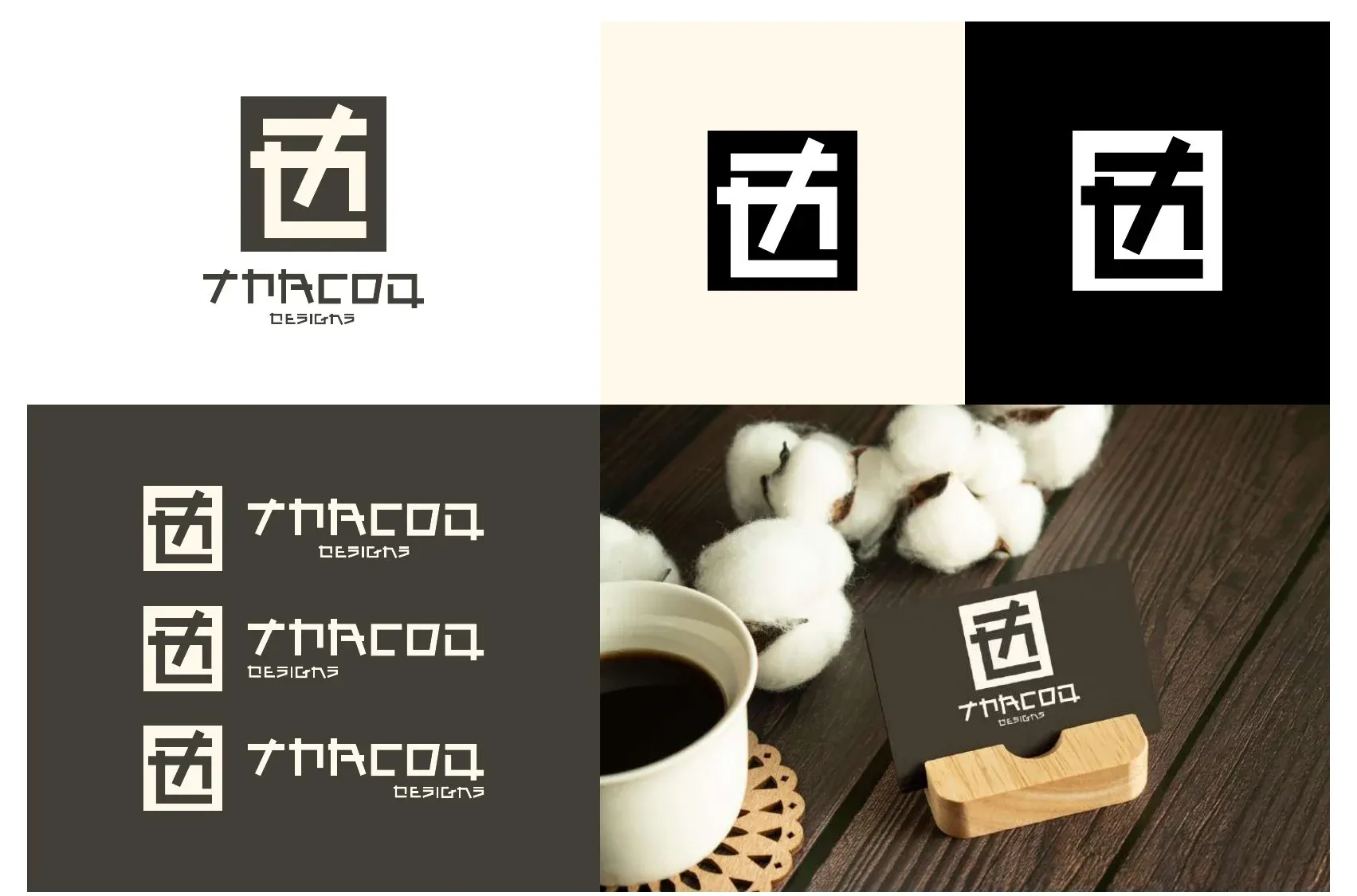 Logo Tacoq Designs: pittogramma quadrato e lettering spigoloso in marrone e crema, versioni positivo e negativo e biglietto da visita su un tavolo in legno
